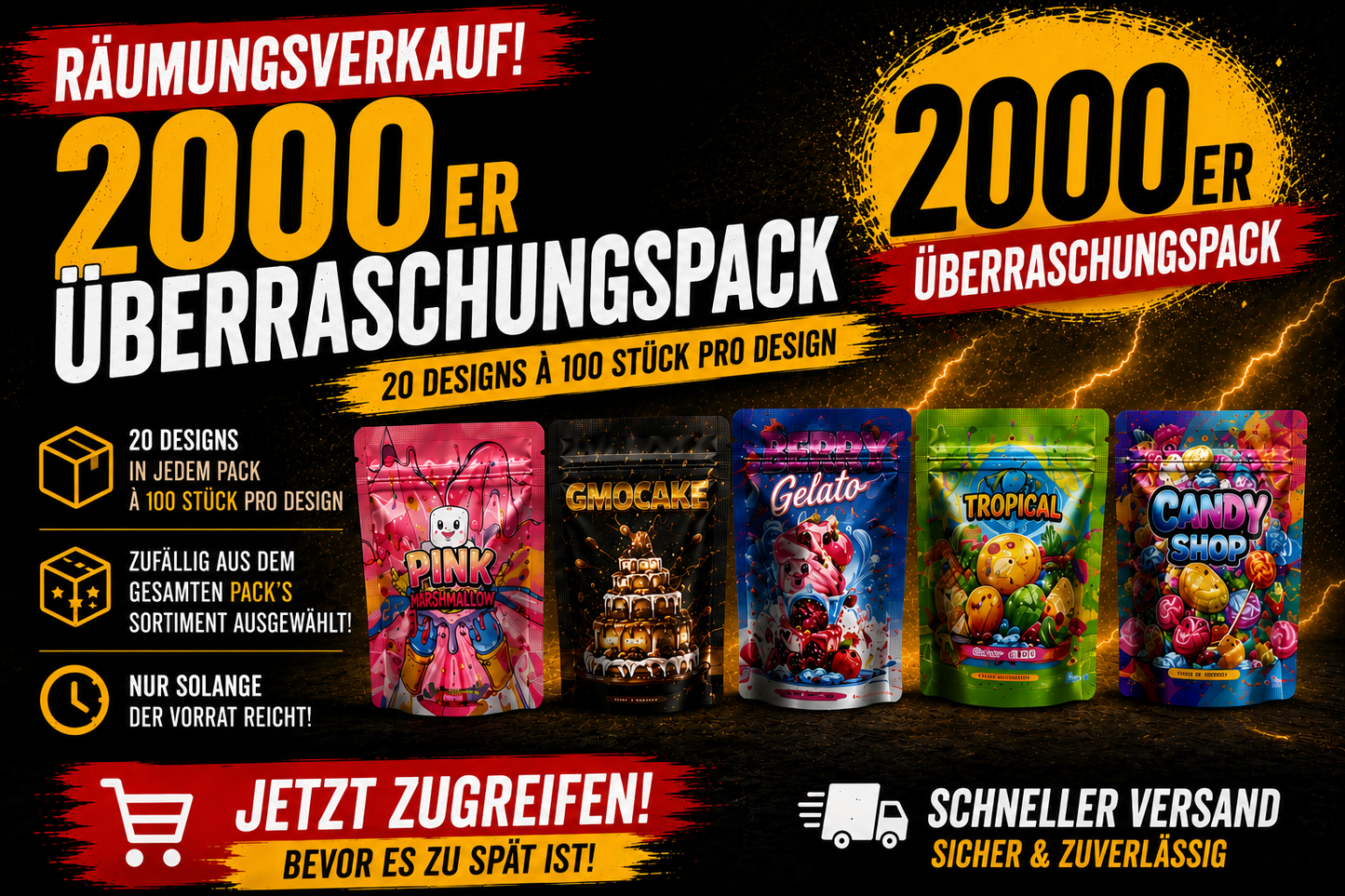 2000x Holo-Mega-Mix- Pack´s 3,5 - leere PE Verpackungen