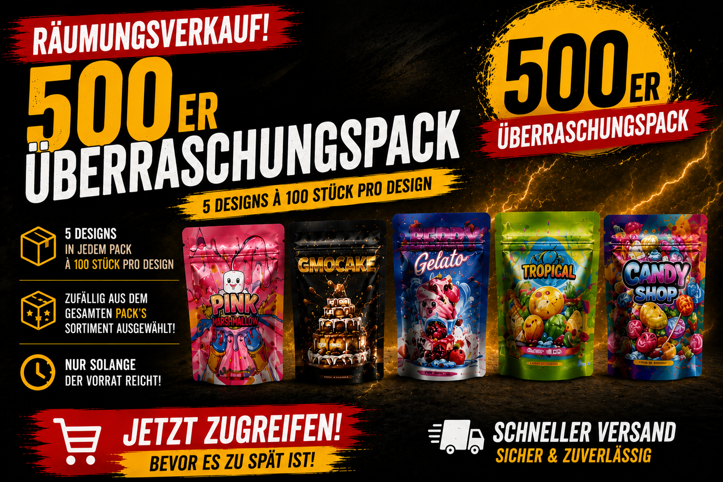 500x Holo-Mega-Mix- Pack´s 3,5 - leere PE Verpackungen