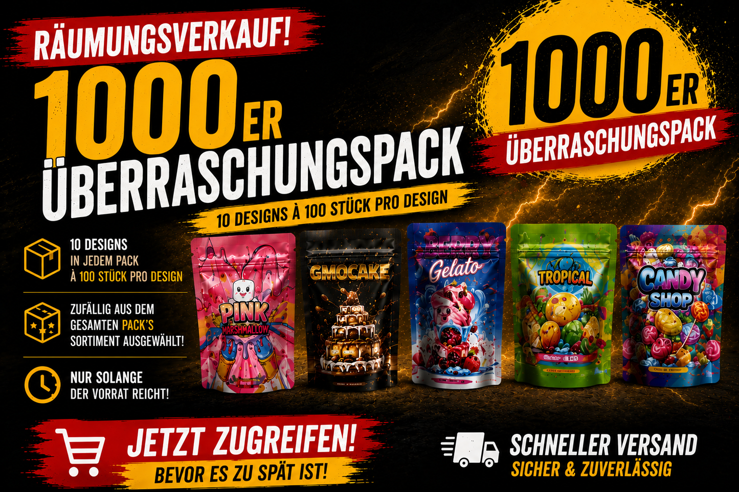 1000x Holo-Mega-Mix- Pack´s 3,5 - leere PE Verpackungen